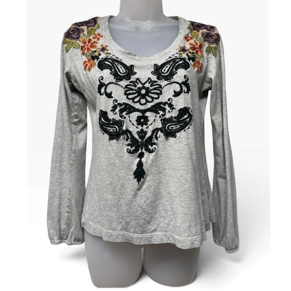 Sundance Small Gray Long Sleeve Top Embroidered Paisley Floral Cotton Boho